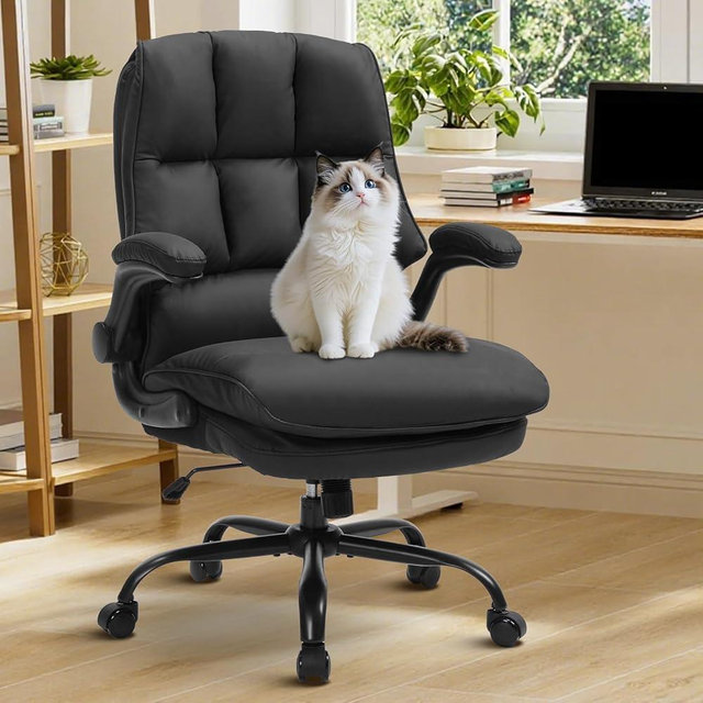 Comfy Office Chair Soft and Double Cushioned Ergonomic Computer Desk Chairs for Long Hours Executive Office Chair with Flip-up Armrests and Height Adjustment for Home Office Black