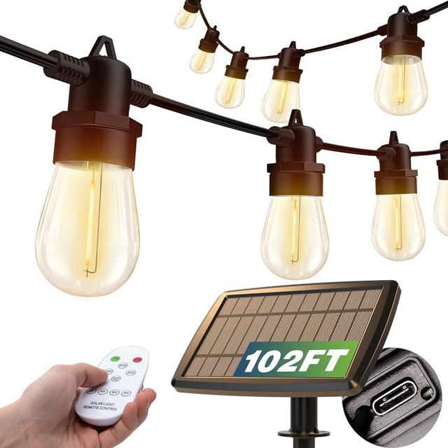 addlon 102FT(96+6) Solar String Lights Outdoor Waterproof with USB Port & Remote Control Solar Patio Lights Long Last for 20+Hrs Dimmable Solar Power LED Bulbs for Porch Garden Market Bistro Christmas