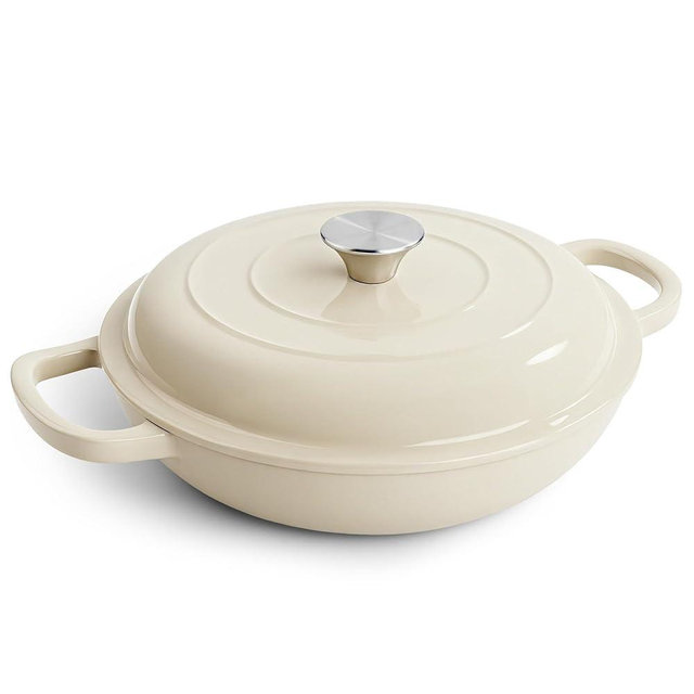 3 Quart Enameled Cast Iron Braiser, Non Stick Enameled Cast Iron Skillet with Lid, Dutch Oven Skillet with lid up to 500°F for Oven, Stove, Grill, Shallow Dutch Oven for Cook, Bake (Beige)