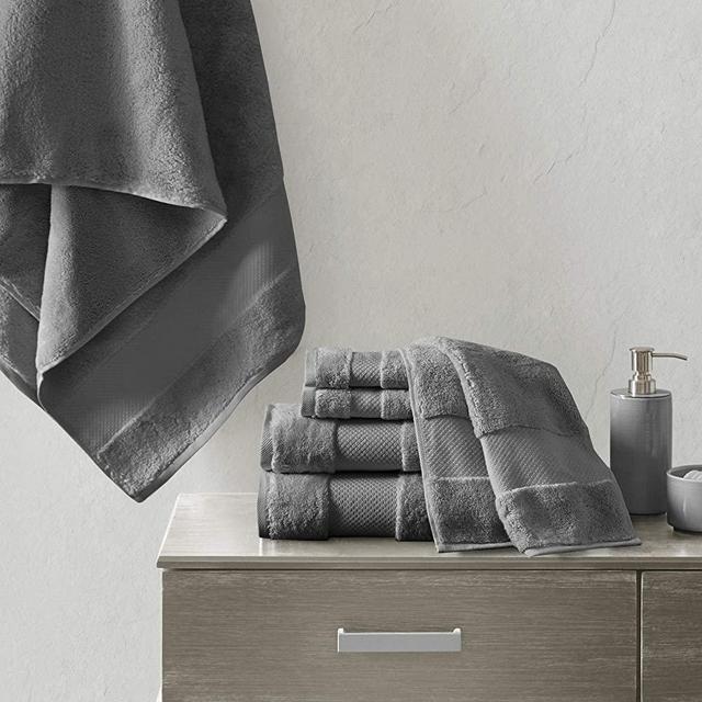 MADISON PARK SIGNATURE Turkish 100% Cotton 623Gsm Luxury Premium Thick Soft Abosorbant Hotel Bathroom Towel Set Shower Hand Face Washcloths, Assorted Sizes, Charcoal 6 Piece