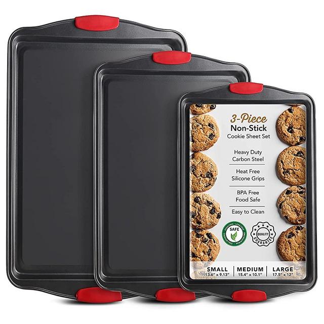 GoodCook Mega Grip Set of 3 Nonstick Steel Multipurpose Cookie Sheets with Silicone Grip Handles, Gray
