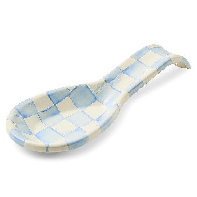 MACKENZIE-CHILDS Enamel Spoon Rest, Kitchen Utensil Rest and Spoon Holder, Kitchen Decor, Light-Blue-and-White Sky Check