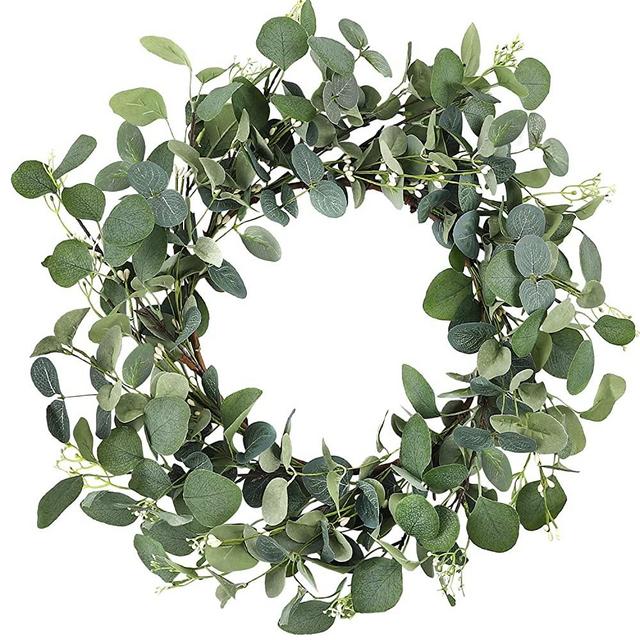 CEWOR 19 Inches Artificial Green Leaf Eucalyptus Wreath Spring Summer Outdoor Ornaments for Front Door Wall Window Farmhouse Decor
