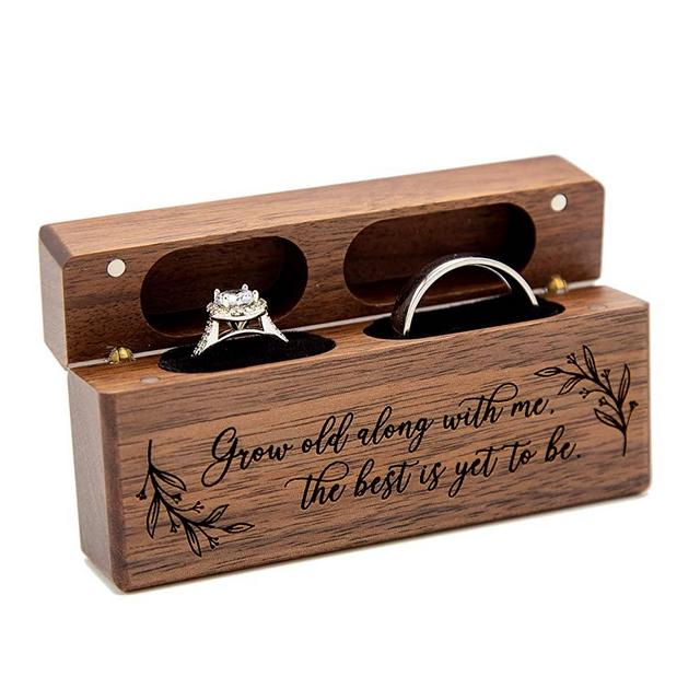 MUUJEE Grow Old Along with Me Wood Ring Box for 2 Rings - Modern Wedding Ceremony Double Ring Bearer Box