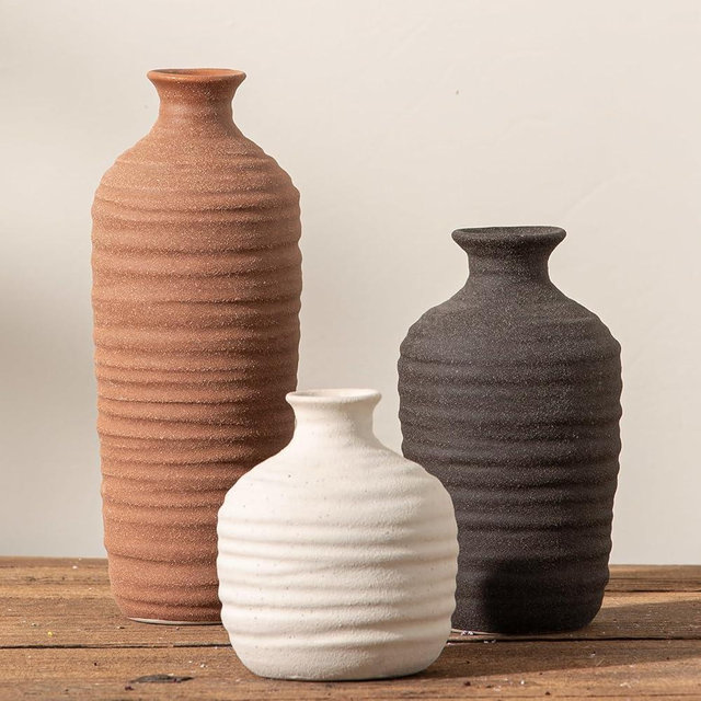 Dobbyby Ceramic Vase Set of 3 Neutral Decorative Vase for Farmhouse, Boho, or Rustic Home Decor Pottery Vases for Pampas Grass Living Room Bedroom Table Mantel Entryway Shelf (01-Brown)