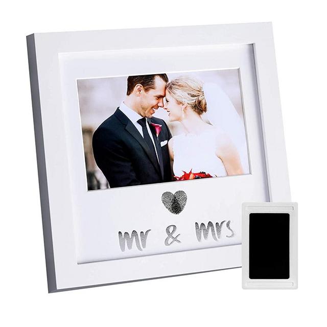 Jinchuan Heart Thumbprint Keepsake Frame and Ink Kit,Wedding Picture Frame Wedding Registry Idea Shower Gift For Bride Newlywed (White Frame, Silver text)