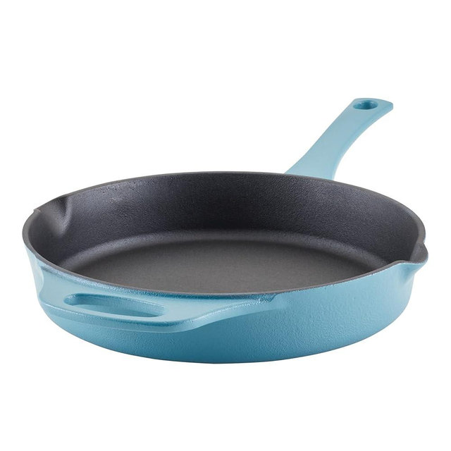 Rachael Ray NITRO Cast Iron Fryin Pan/Skillet with Helper Handle and Pour Spouts, 12 Inch - Red