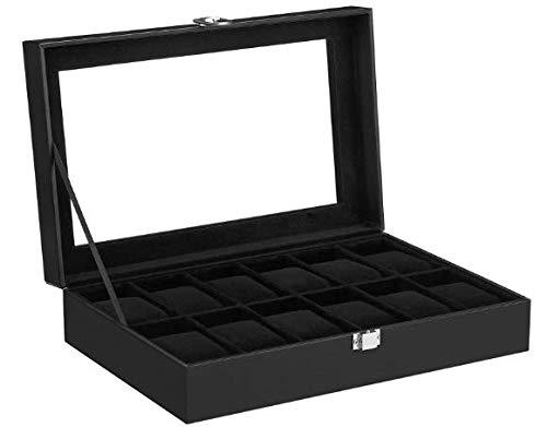 SONGMICS 12-Slot Watch Box, Watch Holder with Glass Lid, Watch Case with Removable Watch Pillow, Velvet Lining, Watch Display, Black Synthetic Leather, for Men, Black Lining UJWB012B01