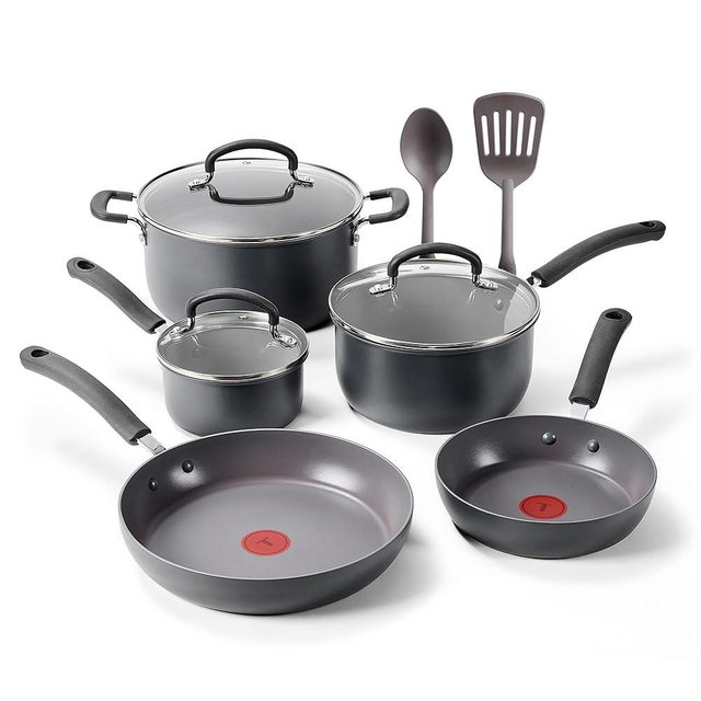T-Fal Ultimate Hard Anodized Nonstick 10 Piece Cookware Set, Oven Safe Up to 400°F, Dishwasher Safe, Pots and Pans Set, Includes Frying Pans, Saucepan, Stockpot, Cooking Utensils, Stone