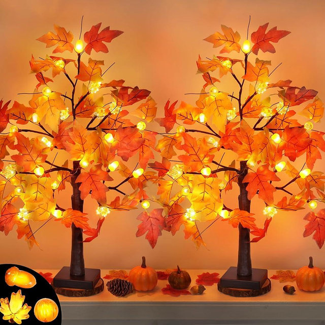 2 Pack 24 Inch Fall Maple Tree with 48LED Thanksgiving Table Decorations Battery Operated Lighted Tabletop Artificial Tree with Pumpkin Acorn Maple Fall Centerpieces Indoor Fall Decorations for Home