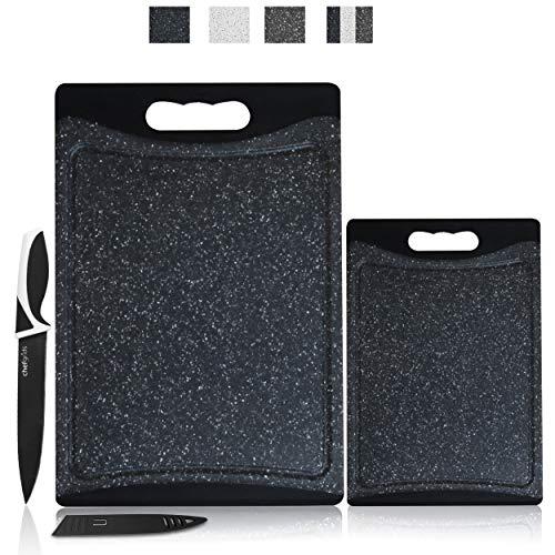CHEF GRIDS Durable Plastic XL Marble Cutting Board, Chopping Board Thick Plastic, for Vegetable Meat or Cheese with Non-Slip Feet, Handles Juice Groove | Dishwasher Safe (2-pc Set, Black)