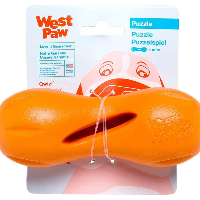 WEST PAW Zogoflex Qwizl Dog Puzzle Treat Toy – Interactive Chew Toy for Dogs – Dispenses Pet Treats – Brightly-Colored Dog Enrichment Toy for Aggressive Chewers, Fetch, Catch, Small 5.5", Tangerine