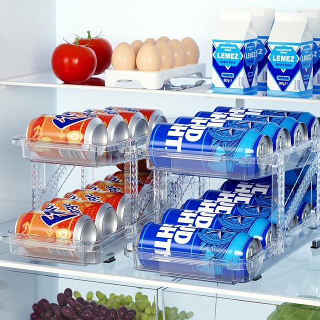 LAMU Soda Can Dispenser for Refrigerator Set of 2 Adjustable Width Soda Can Organizer 2-Layer Beverage Pop Can Holder Drink Organizer for Fridge, Pantry, Cabinet, Countertop, Clear