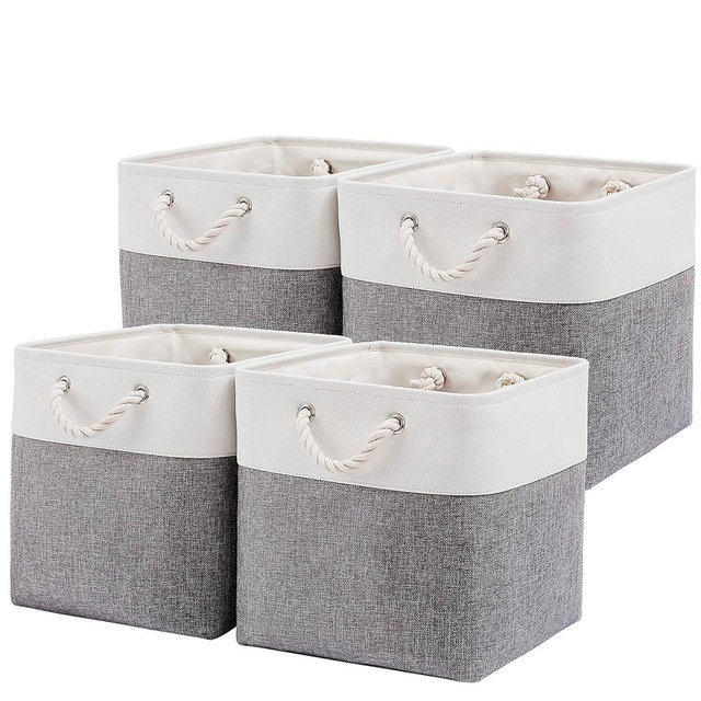 MidmmVick 13 x 13 Inch Cube Storage Bins, 4 Pack Large Collapsible Fabric Storage Bin with Ropes, Foldable Storage Cubes for Home, Office,Closet, Clothes, Toys Organizer (White & Grey)