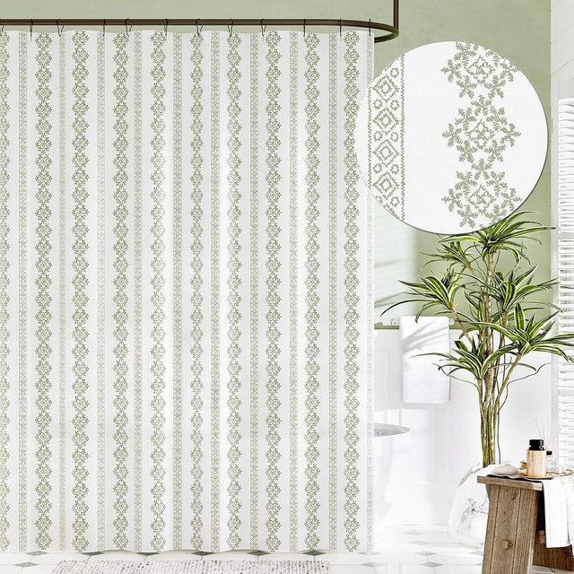 jinchan Boho Farmhouse Green and White Shower Curtain Geometric Vertical Striped Fabric Shower Curtains for Bathroom Modern Country Rustic with Hooks Waterproof 70x72 inches