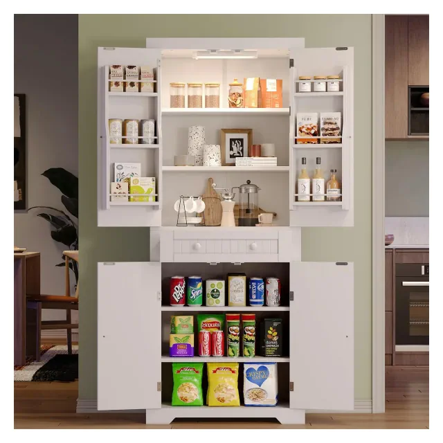 Bestier 72" Tall Kitchen Pantry Storage Cabinet with Doors and Shelves, Food Pantry Cabinet with Motion Sensor Light, White