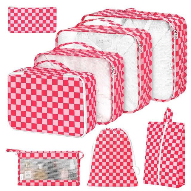 8 Set Packing Cubes for Suitcases,Packing Cube with Shoe,Cosmetics,Clothing, and Accessories Bags Packing Cubes for Travel Luggage Organizer Women Men(Rose Checkered)