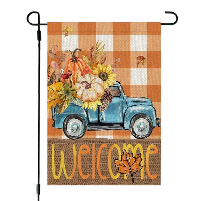 CROWNED BEAUTY Fall Garden Flag 12x18 Inch Double Sided Burlap Small Floral Pumpkin Truck Seasonal Autumn Yard Decoration (Orange Plaid) CF1011-12
