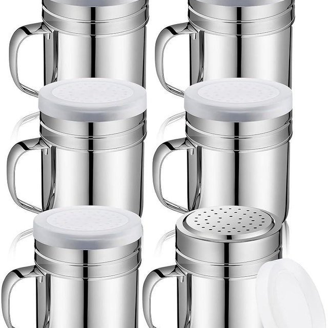 Lallisa 6 Pcs 10oz Stainless Steel Salt and Pepper Shakers with Lid and Handle Dredge Spice Seasoning Condiment Popcorn Salt Shaker Powder Sugar Flour for Cooking Kitchen Baking