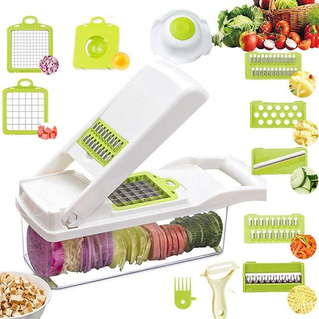 12 in 1 Vegetable Chopper, Heavy Duty Mandoline Slicer Potato Onion Chopper Food Chopper Veggie Chopper with Vegetable Peeler, Hand Guard and Container (White)