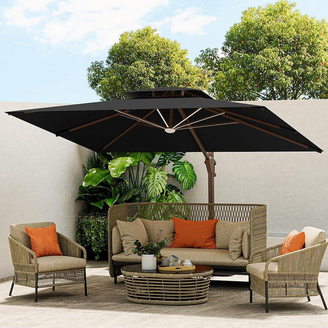 MEVBC 10 X 13 FT Cantilever Outdoor Patio Umbrella with Led Lights Large Heavy Duty 360° Rotation Double Top Offset Rectangular Umbrellas for Backyard Garden Pool Outside Deck, Black