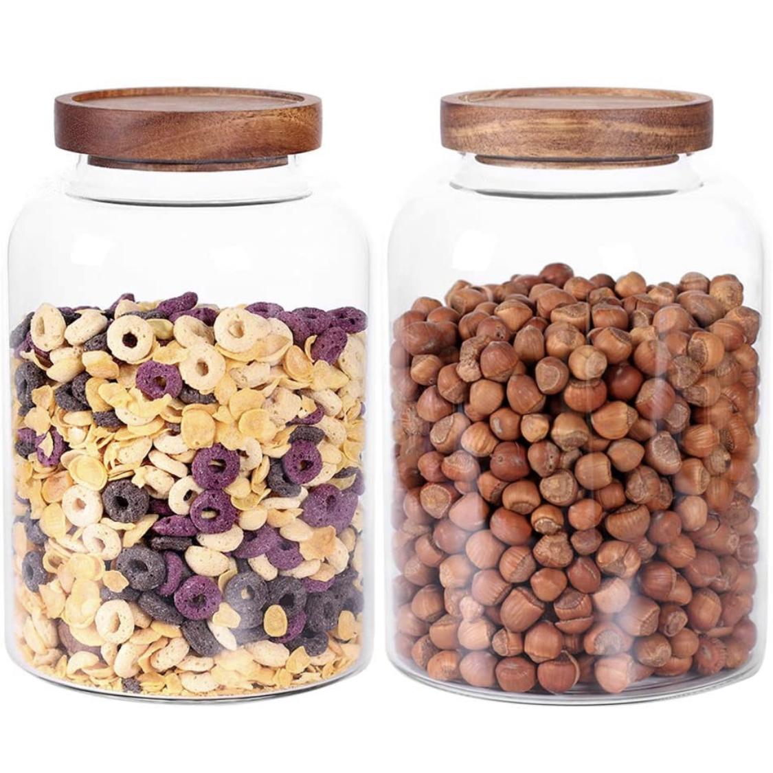 Thicken Glass Storage Jar, Food Storage Container/Canisters with Airtight Wooden Lid for Tea, Coffee, Honey, Cacao Powder,BPA Free Perfect as a Cereal Dispenser by LEAVES AND TREES Y (7.6inch 2pcs)