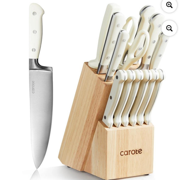 CAROTE 14 Pieces Knife Set with Wooden Block Stainless Steel Knives with Ergonomic Handle, Forged, White