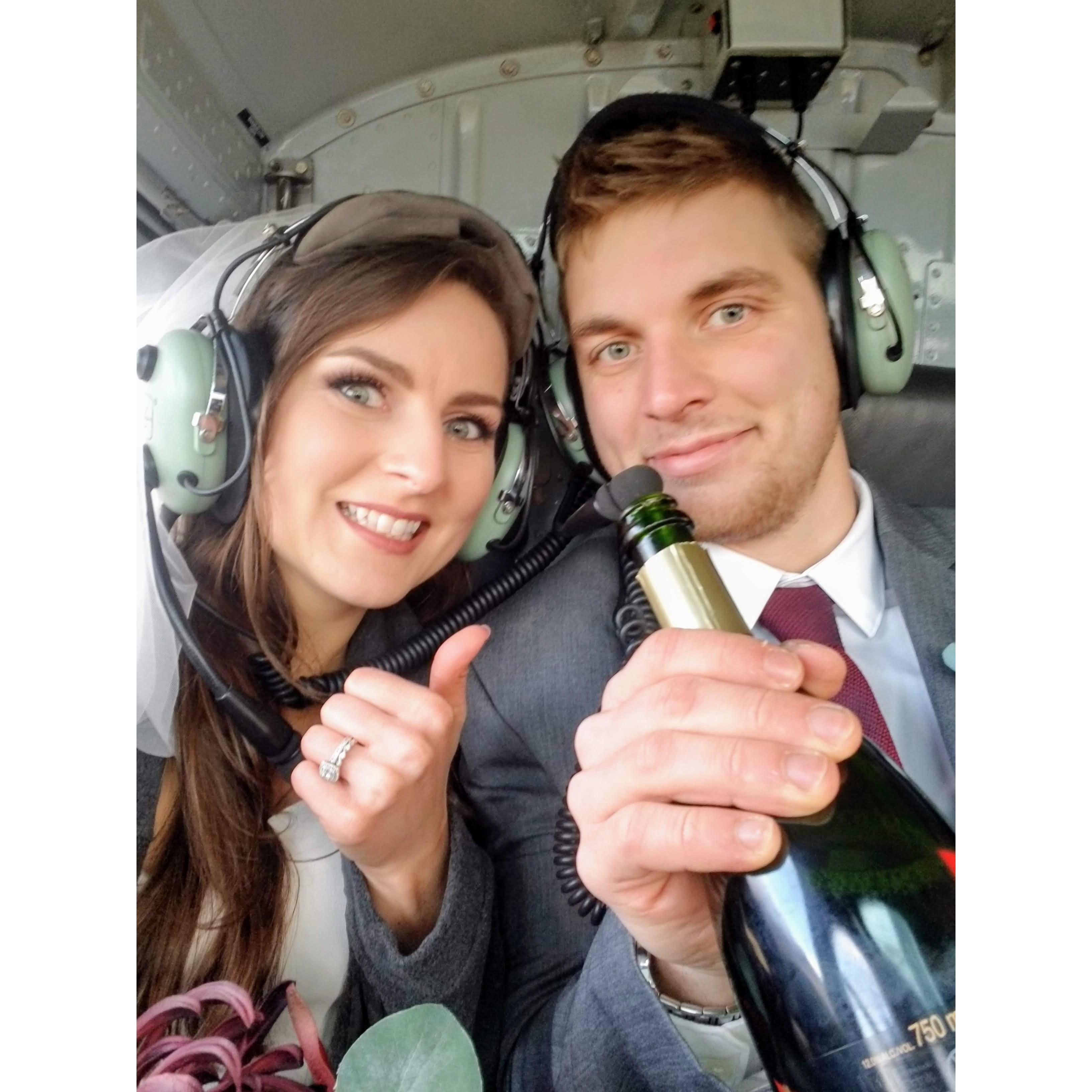 In the helicopter after we got married