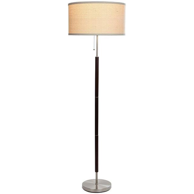 Brightech Carter LED Mid Century Modern Floor Lamp - Contemporary Living Room Standing Light - Tall Pole, Drum Shade Lamp with Walnut Wood Finish
