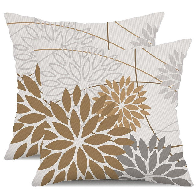 DFXSZ Brown Grey Outdoor Pillow Cover 18X18 Inch Set of 2 Outdoor Waterproof Summer Floral Brown Decorative Pillow case Decor for Couch Patio Funiture Garden Print Polyester Cushion Cover 01E18