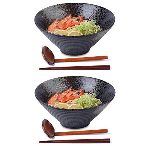Ceramic Japanese Ramen Noodle Soup Bowl, 2 Sets (6 Piece) 60 Ounce, with Matching Spoon and Chopsticks for Udon Soba Pho Asian Noodles, Large