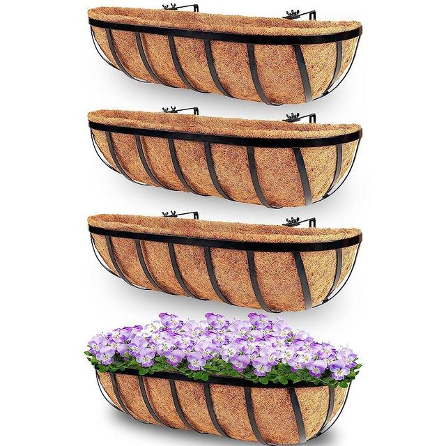 Y&M 24" Window Boxes Horse Trough with Coconut Coir Liner, 24 Inch Window Deck with Coco Liner, Fence Metal Hanging Flower Planter Window Basket Deck Railing Planter Boxes (24'' 4pcs)