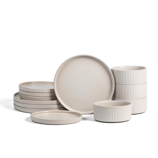 Stone Lain Haven Stoneware 12-Piece Dinnerware Set, Plates and Bowls Sets for 4, Elegant Dish Set, Includes Dinner Plates, Salad Plates Cereal Bowls, Microwave & Dishwasher Safe, Beige