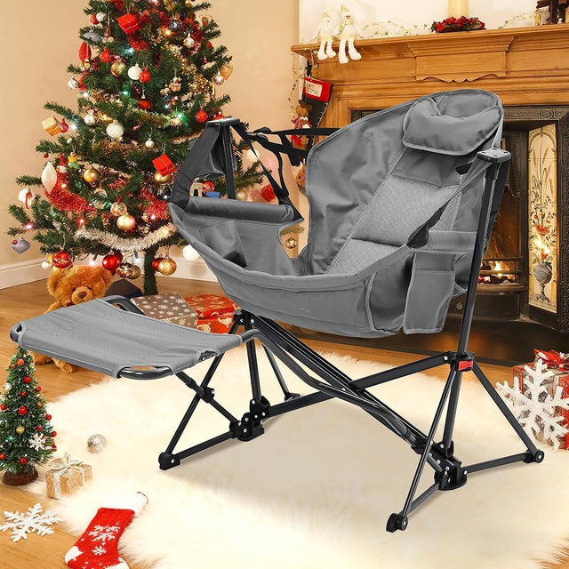 GDY Patio Camping Chairs, Oversized Hammock, Folding Rocking Chairs, Adjustable Back Swing Chairs, Cup Holder, Outdoor Beach Lawn, Gray