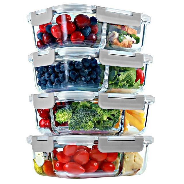 FIT Strong & Healthy 2 & 3 Compartment Glass Meal Prep Containers (4 Pack, 32 oz) - Glass Food Storage Containers with Lids, Glass Bento Box, Portion Control, Airtight, Oven & Freezer safe, Gray Lids
