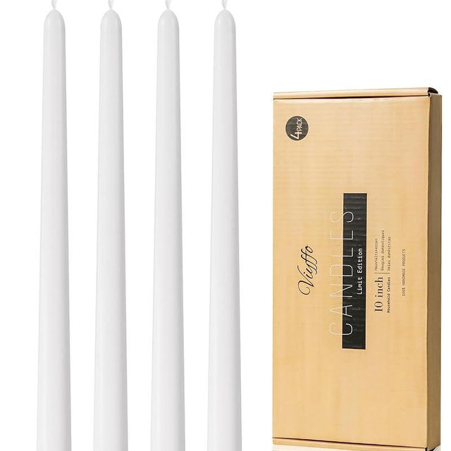 White Taper Candles, 10 Inch Set of 4, Unscented, Dripless, Smokeless, 8 Hours Long Burning, Hand Poured Tall Tapered Candlesticks Wedding Advent Home Decor Dinner