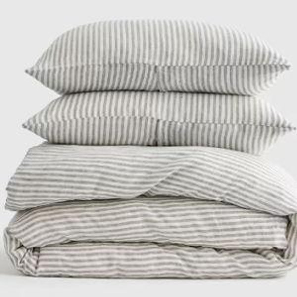 European Linen Duvet Cover Set - King/Cal King - Grey/White Stripe
