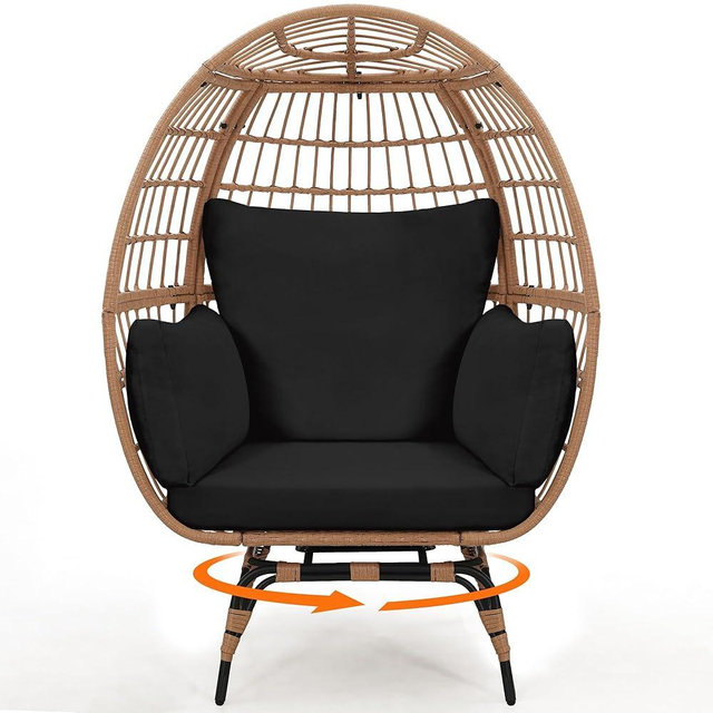Murago Oversized 360° Swivel Rattan Egg Chair for Adult, Indoor Outdoor Patio Large Wicker Egg Chair with Overstuffed Cushions, 440lb Weight Capacity, Natural Rattan with Black Cushion