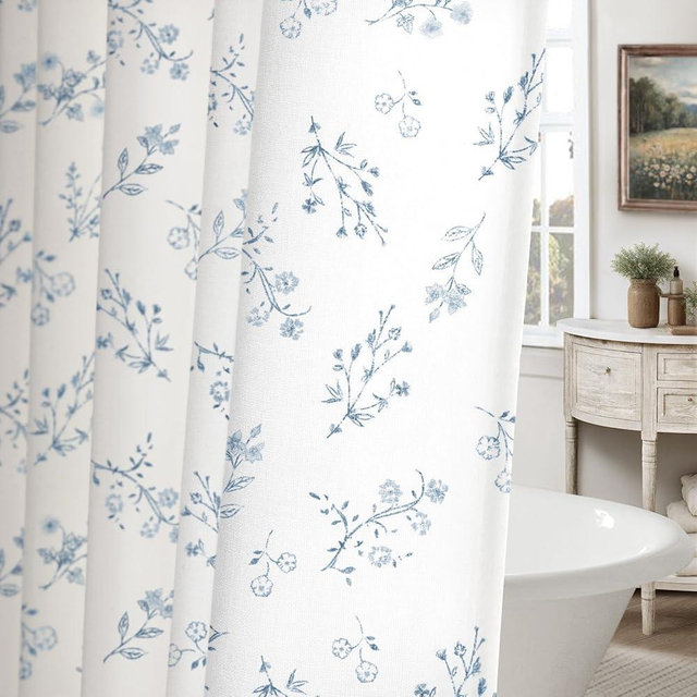 XOGUIBO Blue Floral Farmhouse Vintage Cotton Shower Curtain, French Country Shower Curtains for Bathroom, 72Wx72H