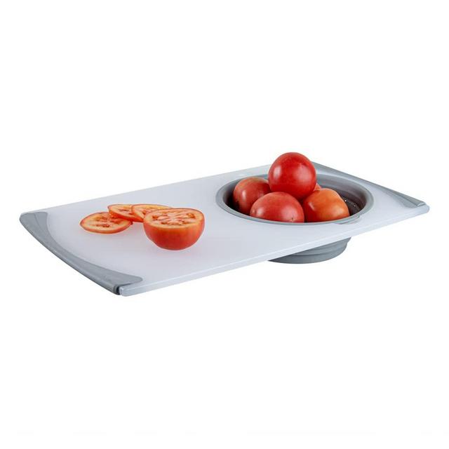 Restaurantware RW Base 19.7 x 11.2 Inch Cutting Board Strainer 1 Plastic Cutting Board With Strainer – Durable Non-Slip Rubber Feet Gray Over The Sink Strainer Cutting Board Versatile Collapsible