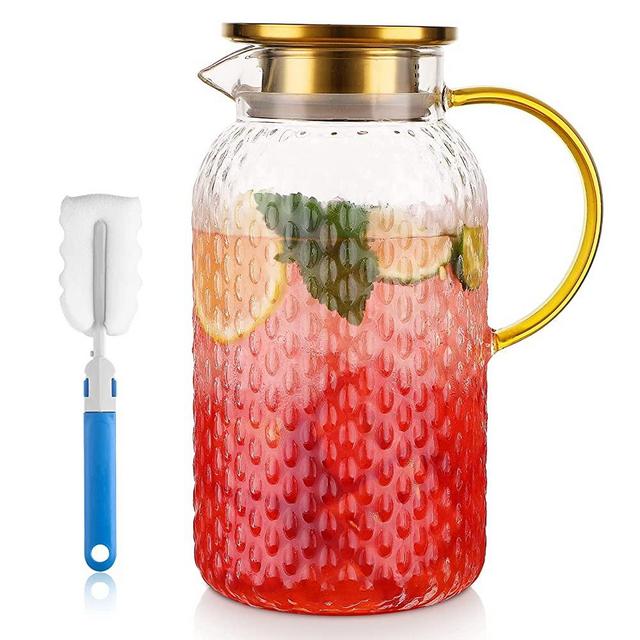 Glass Pitcher -66 OZ Drip-Free Glass Water Pitcher with Lid, 18/8 Stainless Steel Iced Tea Pitcher, Easy Clean Heat Resistance Glass Carafe For Hot/Cold Beverages, Iced Tea, Juice.