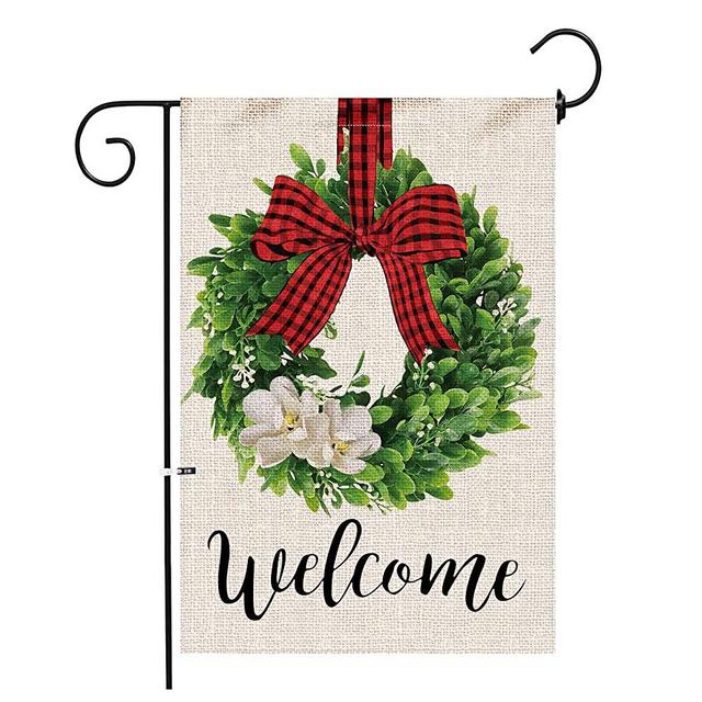 Hexagram Boxwood Wreath Christmas Welcome Garden Flag,Burlap Garden Flag Double Sided Winter Valentines Day Buffalo Plaid Bow Yard Ourdoor Decor,Small Garden Flag 12x18 Prime