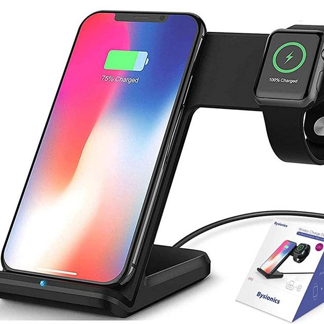 Bysionics Wireless Charger,2 in 1 Fast Qi Phone Wireless Charging Stand & Wireless Charging Dock Compatible for Apple iWatch Series 4/3/2/1 (Black)