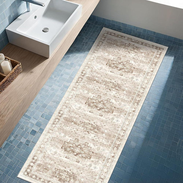 Non Slip Bathroom Runner Rug - Long Runner Rugs 24 x 72 Washable Kitchen Floor Mat, Laundry Room Rug, Hallway Runner - Neutral Boho Design Décor (2x6 Beige/Latte)