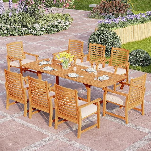PHI VILLA 9 Pieces Acacia Wood Patio Dining Set for 8, Expandable Teak Dining Table & Wooden Chairs with Cushions, Farmhouse Dining Furniture Set for Outdoor Deck, Yard, Porch