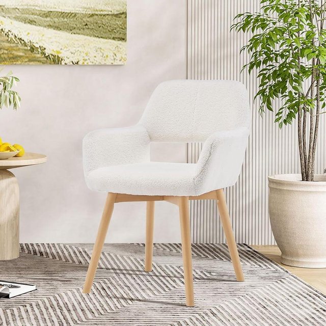 YEEFY Desk Chair No Wheels Vanity Chair Makeup Chair Comfy Accent Chair for Living Dining Room Bedroom Home Office Mid Century Modern Upholstered Armchair Sofa with Wood Legs (Wool White, 1)