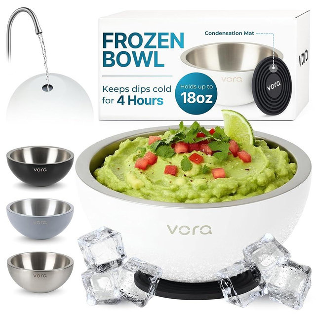 Vora 18oz Dip Chiller Bowl | Bright White Stainless Steel Chilled Dip Bowl for Dips, Guacamole, Hummus, Salsa | Insulated Serving Dishes with Easiest Water Fill & Refillable Chamber