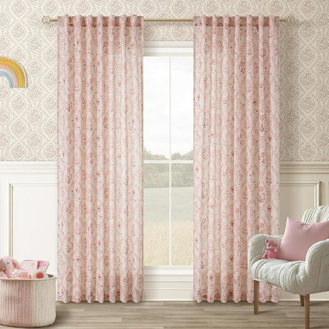 Pink Linen Floral Curtains 84 Inches Long 2 Panel Set for Living Room Semi Sheer Light Filtering Printed Window Curtains Blush Pink Flower Pattern Drapes for Cute Girls Bedroom Nursery Farmhouse Boho