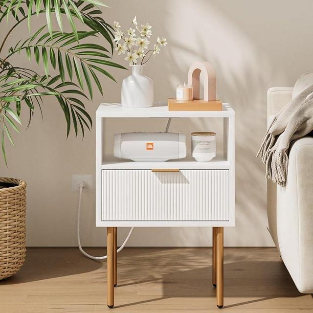 Aobafuir Nightstand with Charging Station, Drawer Dresser for Bedroom, Small Side Table with Drawer, Bedside Furniture, Night Stand, End Table with Gold Frame for Bedroom, Living Room, Stripe White