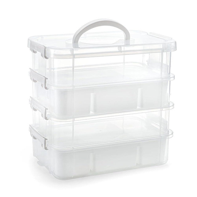 Foraineam 4-Tier Clear Storage Bins With 2 Divided Trays, Stackable Carry Storage Box Container, Plastic Lidded Organizer Case With Handle for Beads, Tools, Arts & Crafts, Sewing, Office Supplies